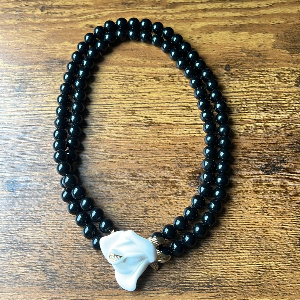 K. J. L. Avon Elegant Black Beaded White Rhinestone Floral Necklace